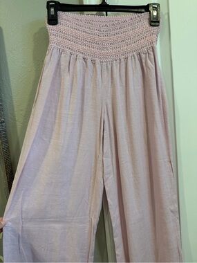 Wide-Leg Smocked High-Waist Pants - Light Pink